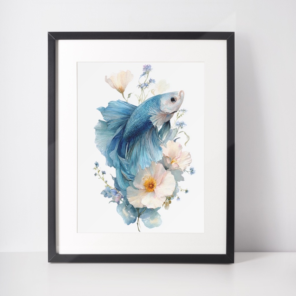 Watercolor Betta Fish with Flowers Wall Art Print Unframed - Enchanting Aquatic - Picture 3 of 6
